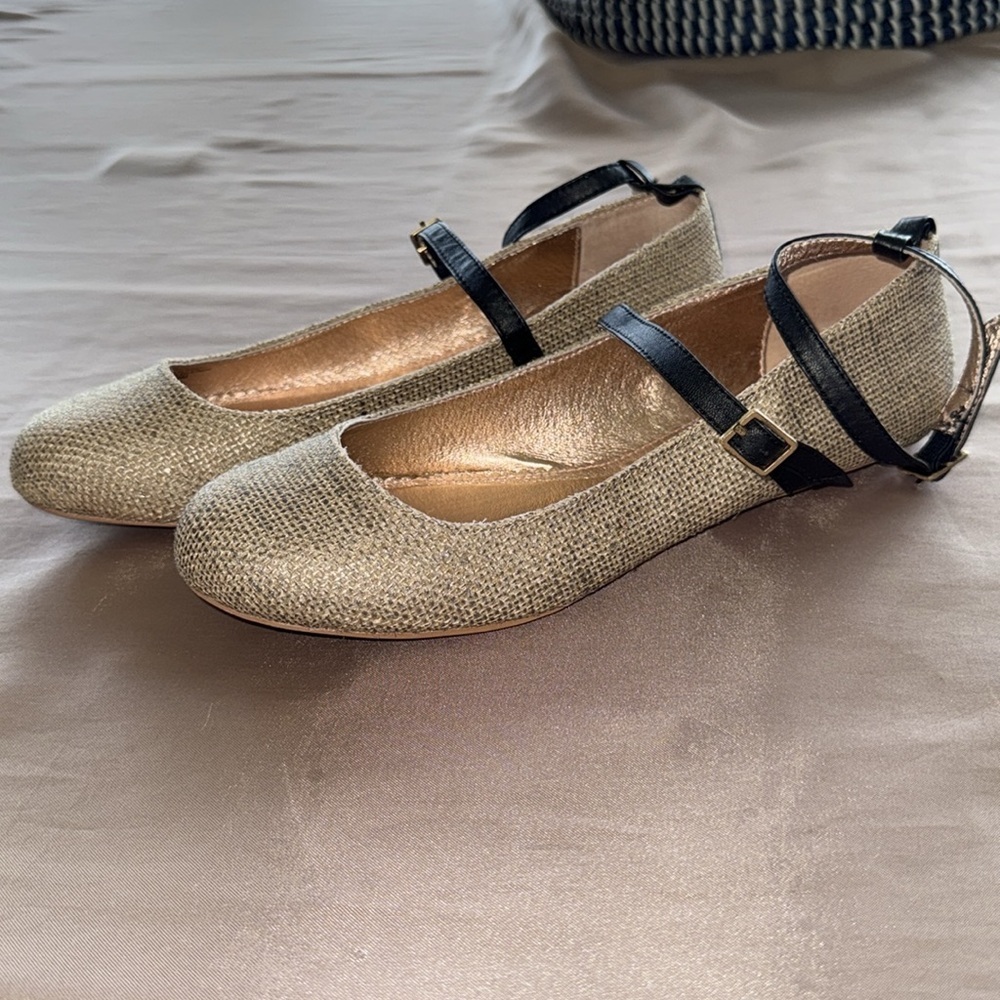 Anthropologie Miss Albright Dacey Shimmer Linen Mary Jane Ballet Flats Straps - Picture 3 of 11